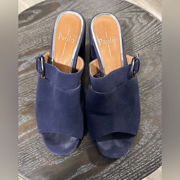 Linea Paolo Mules Navy Blue Suede Block Heel size 6.5 - Picture 1 of 5